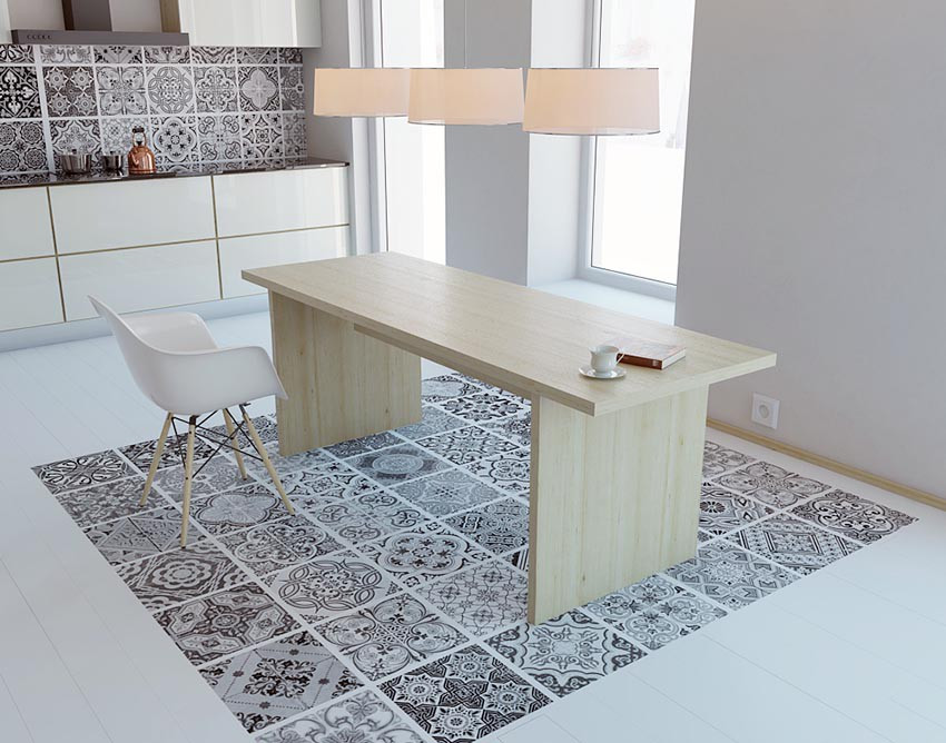 Thậm chí, giấy dán tường họa tiết gạch bông còn thay thế chức năng của một tấm thảm mà vẫn hợp lý. Ảnh: Langbatdongsan.