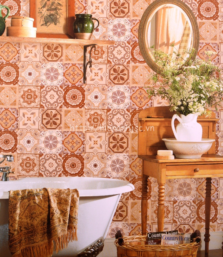 Giấy dán tường họa tiết gạch bông có nhiều ưu điểm như kháng khuẩn, chống thấm và có thể chịu được nhiệt độ lên đến 70 độ C. Ảnh: Hienanhjsc.