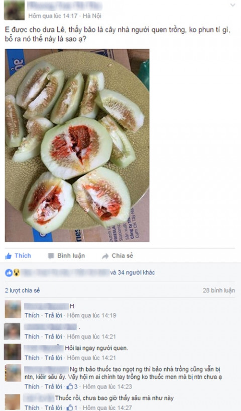 Hình ảnh ruột trái dưa lê có màu đỏ kết tủa được chia sẻ trên mạng xã hội đã khiến người tiêu dùng hoang mang và lo lắng.