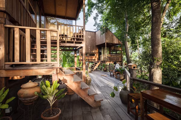 "Rung tim" voi ngoi nha go nho xinh giua rung