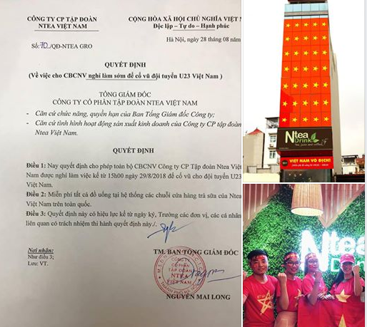 Công ty CP Tập đoàn Ntea Việt Nam cũng tạo điều kiện cho nhân viên công ty nghỉ làm từ 15h ngày 29/8, cổ vũ cho trận đấu bán kết Asiad 2018 giữa Olympic Việt Nam và Olympic Hàn Quốc. Không những thế, công ty này còn miễn phí tất cả đồ uống tại hệ thống chuỗi các cửa hàng trà sữa của Ntea trên toàn quốc. Ảnh chụp màn hình facebook.