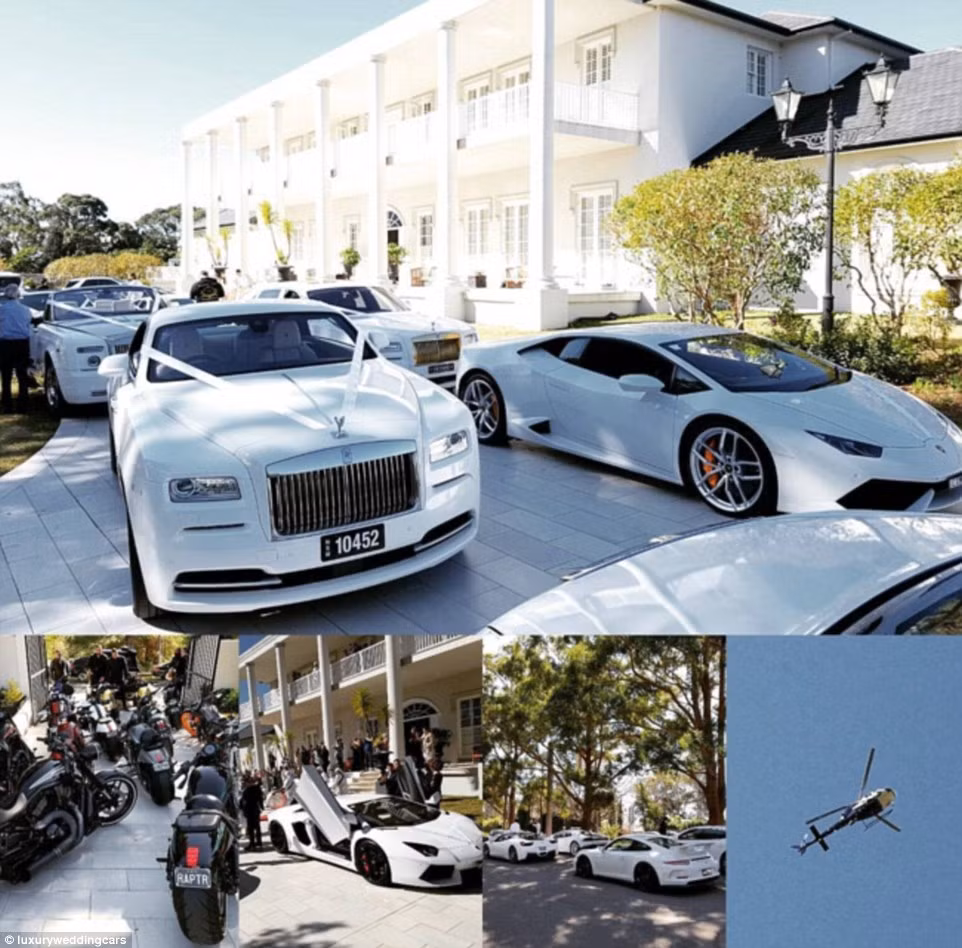Đám cưới mới vừa được tổ chức đồn đại có tổng chi phí lên đến 1 triệu USD, bắt đầu với một hạm đội siêu xe đón dâu như Ghosts Rolls Royce, Ferrari, BMW, Lamborghini … đến biệt thự sang chảnh nhất nước Úc.