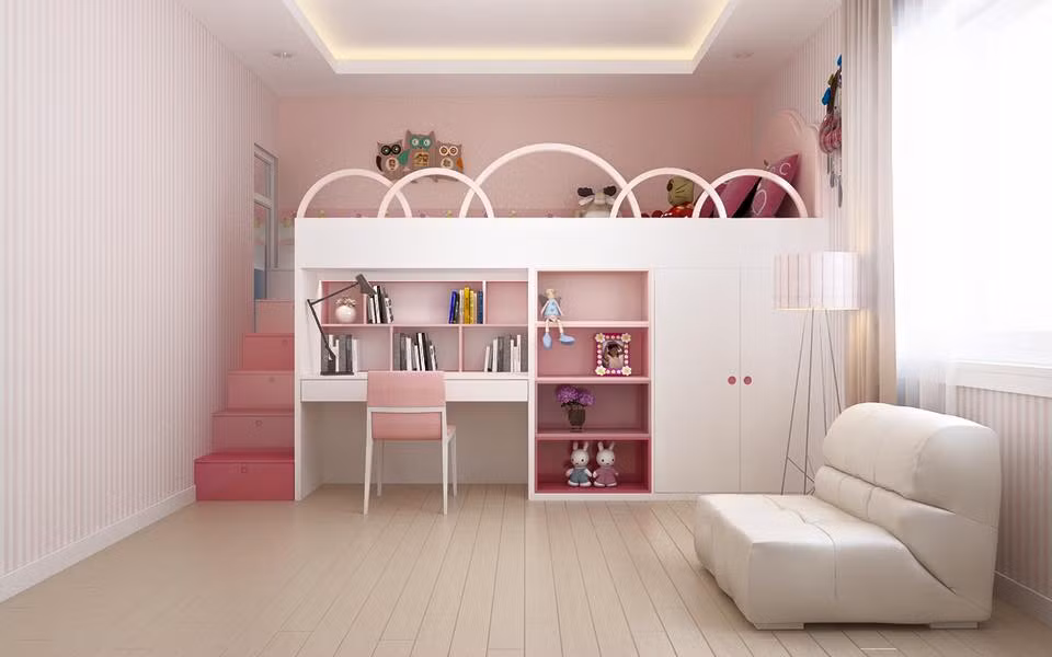 Ngược lại phòng của cô con gái nhỏ là màu hồng trẻ thơ truyền thống. Ảnh: FBNV.