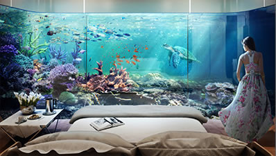 Biệt thự nổi gồm có 3 tầng, với 2 phòng ngủ và phòng tắm ngập hoàn toàn dưới nước, trong khi đó 2 tầng trên là phòng khách, phòng giải trí, khu vực nấu ăn sẽ ở trên mặt nước.