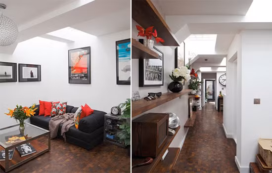 Không gian nhà bên dưới hầm có diện tích khoảng 56m2, Laura thiết kế đầy đủ phòng khách rộng rãi...