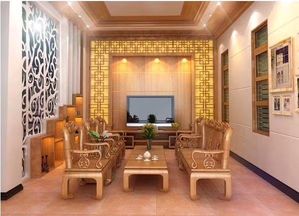 Với phòng khách - nơi trung tâm của căn nhà và cũng là “bộ mặt” của gia chủ - bạn có thể lựa chọn những loại gỗ có màu sắc và vân nổi đẹp mắt, sang trọng. Ảnh: Nhasang.