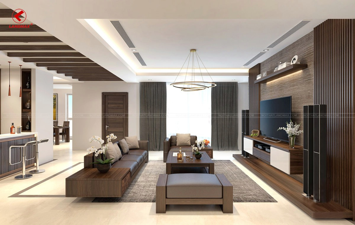 Gỗ giáng hương, cẩm lai, gỗ mun… là những gợi ý dành cho nội thất phòng khách nhà bạn. Ảnh: Noithatlandmax.