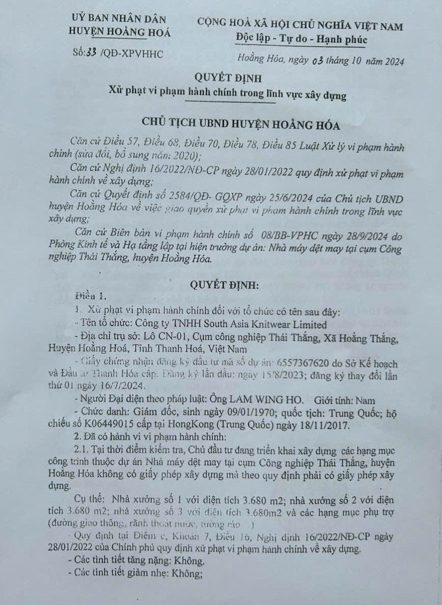Xây dựng không phép South Asia Knitwear Limited bị phạt hơn 130 triệu Xay dung khong phep South Asia Knitwear Limited bi phat hon 130 trieu