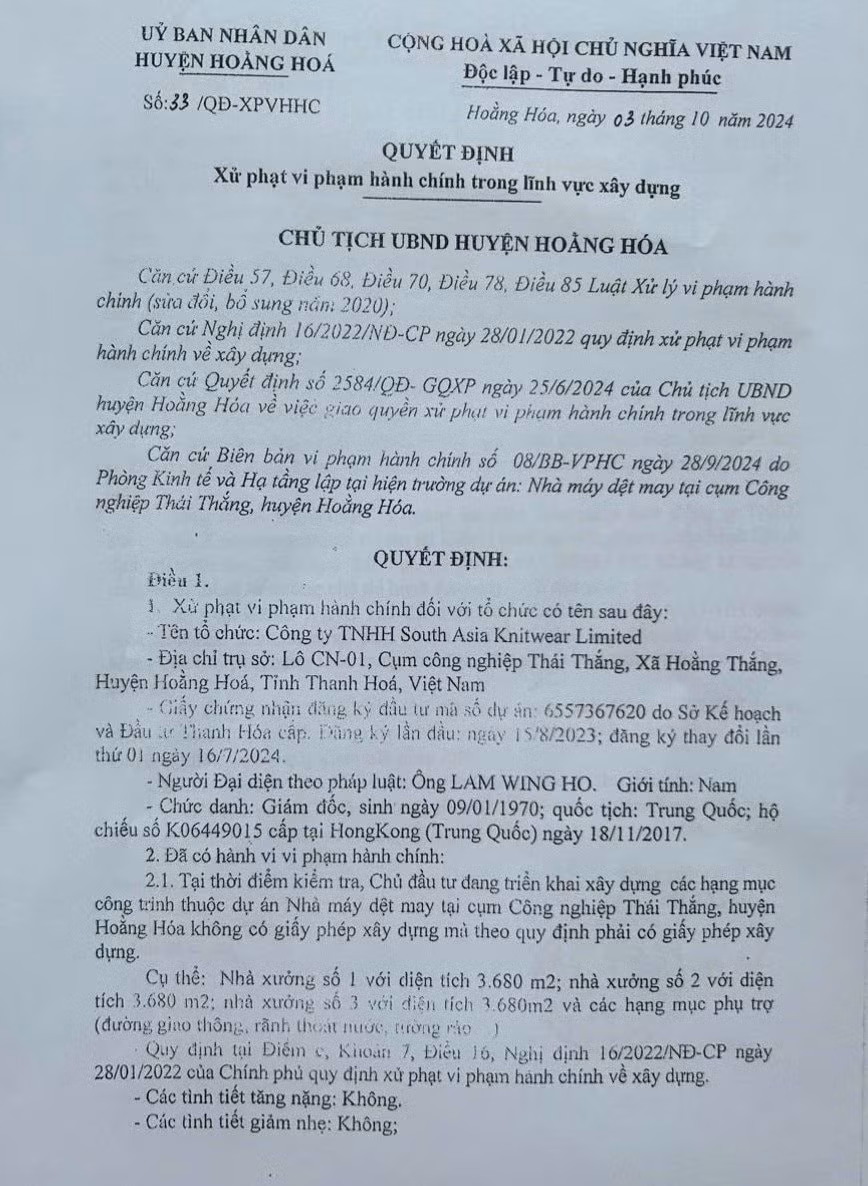 Xay dung khong phep South Asia Knitwear Limited bi phat hon 130 trieu