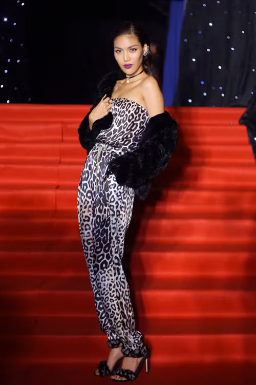Cũng góp mặt trong đêm chung kết Next Top Model lần thứ 7, Lan Khuê phá cách trong bộ Jumpsuit họa tiết da báo phối cùng áo khoác lông vũ sang chảnh.