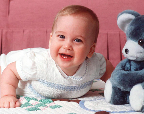 Trong lần sinh nhật 1 tuổi tổ chức vào năm 1983, hoàng tử William của Anh mặc bộ trang phục màu trắng - xanh đáng yêu và chụp ảnh cùng gấu bông.