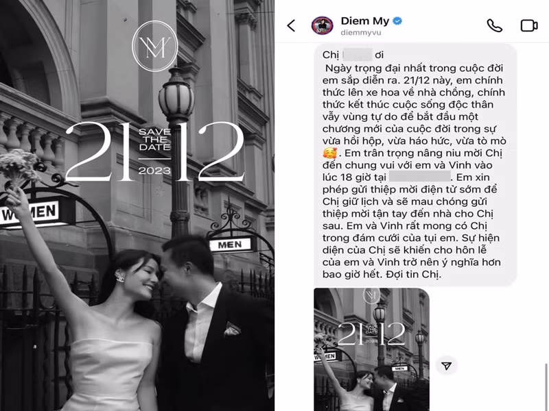 Một khách mời hé lộ tin nhắn mời cưới đầy tinh tế của Diễm My. "Ngày trọng đại nhất trong cuộc đời em sắp diễn ra. 21/12 này em chính thức lên xe hoa về nhà chồng, chính thức kết thúc cuộc sống độc thân vẫy vùng tự do để bắt đầu một chương mới của cuộc đời trong sự vừa hồi hộp, vừa háo hức, vừa tò mò. Em trân trọng nâng niu mời chị đến chung vui với em và Vinh. Em và Vinh rất mong có chị trong đám cưới của tụi em. Sự hiện diện của chị sẽ khiến cho hôn lễ của em và Vinh trở nên ý nghĩa hơn bao giờ hết", Diễm My viết. Ảnh: Arttimes.