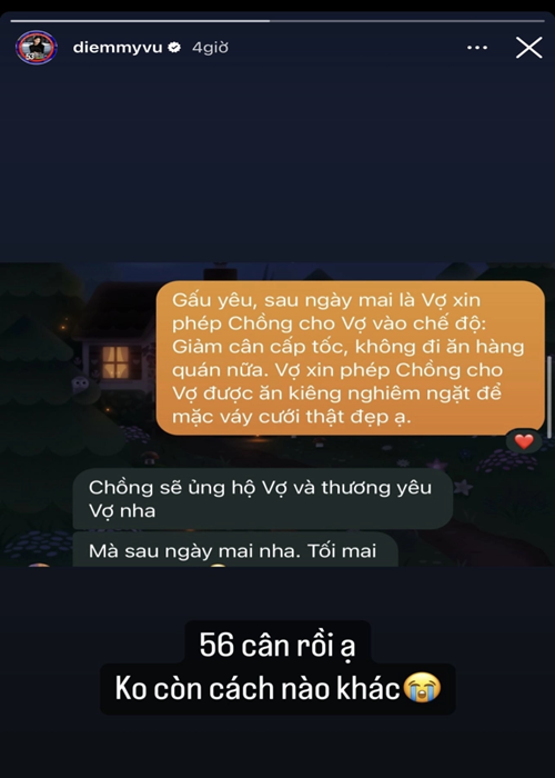 Để giảm cân cấp tốc, Diễm My không đi ăn nhà hàng cùng chồng sắp cưới. Quyết định này được Vinh Nguyễn ủng hộ. Ảnh chụp màn hình.