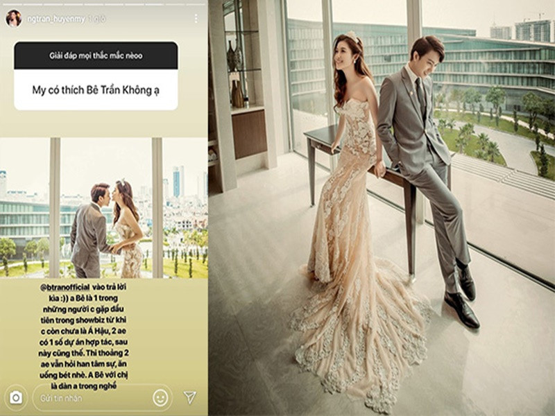 Tháng 7/2015, Á hậu Huyền My và B Trần chụp ảnh cưới đã làm rộ lên tin đồn hẹn hò. Phía Huyền My phủ nhận nghi vấn. Theo nàng á hậu, cả hai có một số dự án hợp tác và B Trần chỉ như một đàn anh thân thiết. Ảnh: Vietnamnet.