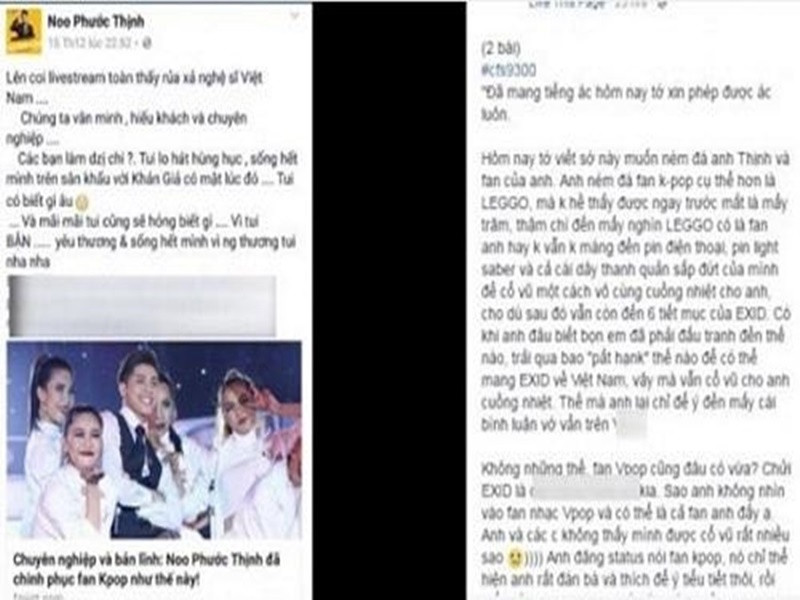 Năm 2016, sau khi đứng chung sân khấu với nhóm nhạc Hàn Quốc EXID, Noo Phước Thịnh viết ẩn ý: “Lên coi livestream toàn thấy rủa xả nghệ sĩ Việt Nam. Chúng ta văn minh, hiếu khách và chuyên nghiệp. Các bạn làm vậy chi, tôi lo hát hùng hục, sống hết mình trên sân khấu với khán giả có mặt lúc đó. Tui có biết gì đâu. Và mãi mãi tui cũng sẽ không biết gì. Vì tôi bận, yêu thương và sống hết mình vì người thương tui nha”. Nhiều khán giả đặt nghi vấn status của Noo Phước Thịnh "đá xéo" các fan của EXID - nghệ sĩ nước ngoài duy nhất tham gia biểu diễn trong sự kiện. Ảnh: Vietnamnet.