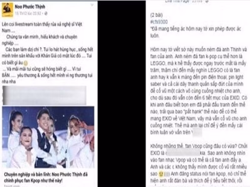 Năm 2016, sau khi đứng chung sân khấu với nhóm nhạc Hàn Quốc EXID, Noo Phước Thịnh viết ẩn ý: “Lên coi livestream toàn thấy rủa xả nghệ sĩ Việt Nam. Chúng ta văn minh, hiếu khách và chuyên nghiệp. Các bạn làm vậy chi, tôi lo hát hùng hục, sống hết mình trên sân khấu với khán giả có mặt lúc đó. Tui có biết gì đâu. Và mãi mãi tui cũng sẽ không biết gì. Vì tôi bận, yêu thương và sống hết mình vì người thương tui nha”. Nhiều khán giả đặt nghi vấn status của Noo Phước Thịnh "đá xéo" các fan của EXID - nghệ sĩ nước ngoài duy nhất tham gia biểu diễn trong sự kiện. Ảnh: Vietnamnet.
