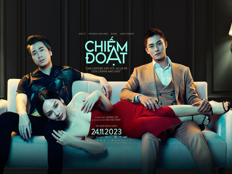 Trong phim Chiếm đoạt vừa ra mắt, Miu Lê và Lãnh Thanh (ngoài cùng bên phải) có cảnh nóng. Ảnh: FBNV.