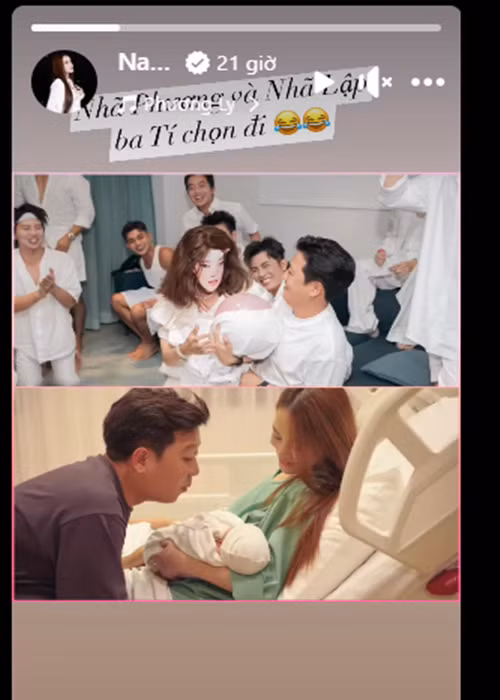 Gần đây, do sinh con được 1 tháng, Nhã Phương không cùng Trường Giang dự đám cưới của Puka. Đáng chú ý, trong tiệc độc thân của cô dâu chú rể, Huỳnh Lập hóa thân thành Nhã Phương. Chia sẻ khoảnh khắc hài hước, Nhã Phương viết: "Nhã Phương và Nhã Lập, ba Ti chọn ai". Ảnh chụp màn hình.