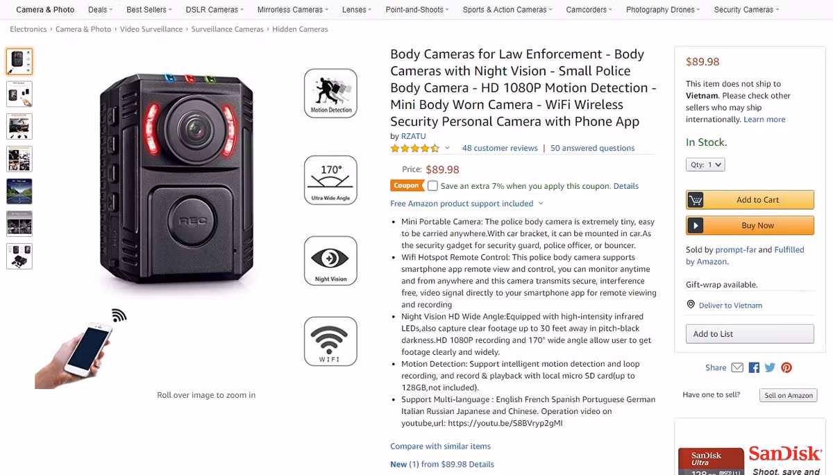 Trong số những sản phẩm được rao bán trên Amazon có không ít thiết bị được "khoe" thông tin là đang được lực lượng cảnh sát, bảo an ở một số thành phố, quốc gia lớn trên thế giới sử dụng trong công vụ. Có giá thành trung bình từ 100 - 200 USD.