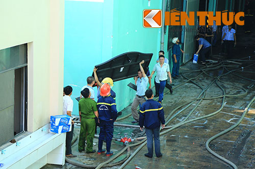 Công nhân vận chuyển tài sản cùng các sản phẩm gỗ ra ngoài.