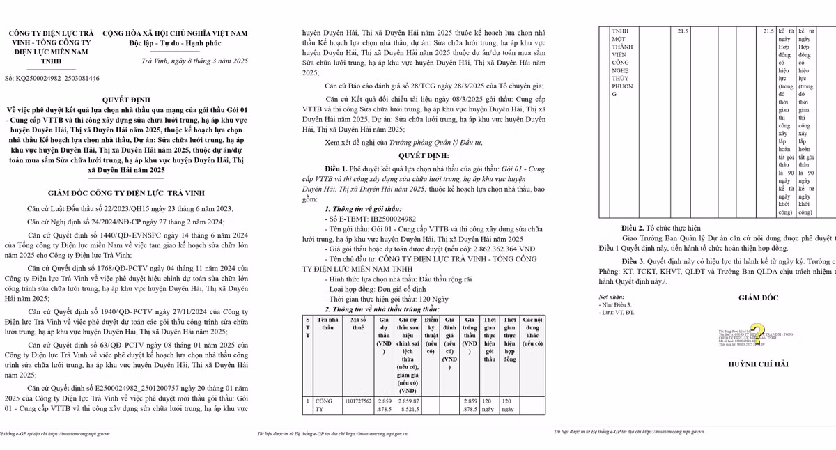 Trung 2 goi thau tai Dien luc Tra Vinh nang luc Cty Thuy Phuong ra sao?