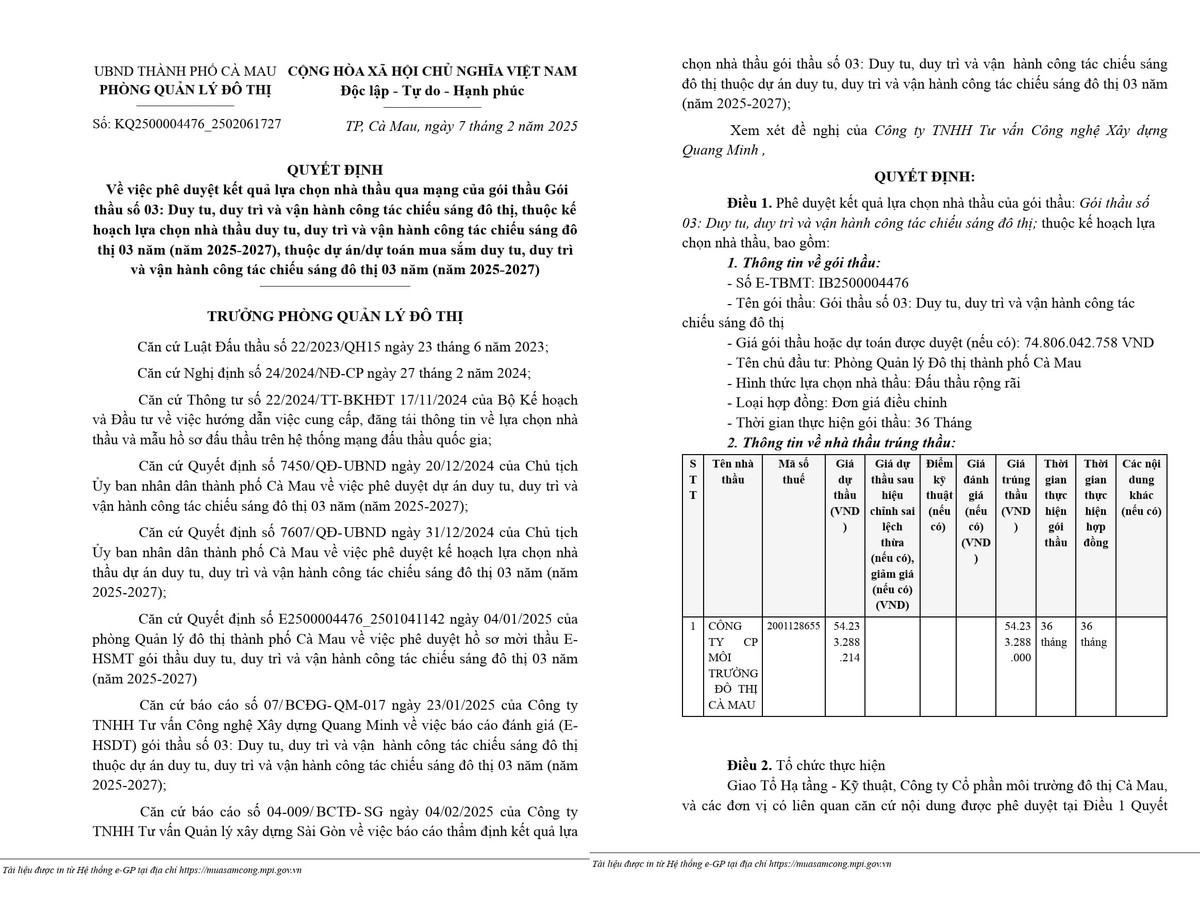 Cty CP Moi truong Do thi Ca Mau mot minh ve dich goi thau hon 54 ty