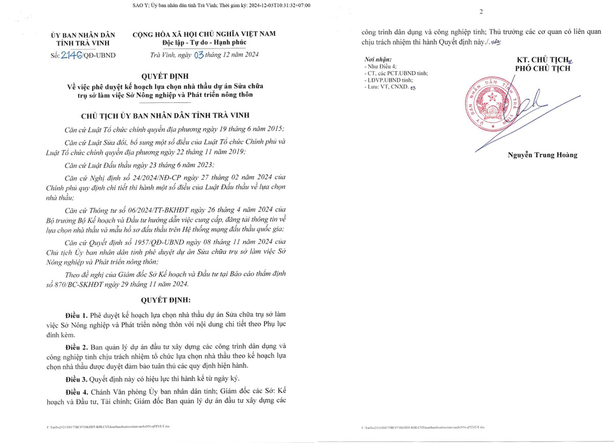 Tra Vinh: Ai trung goi thau sua chua tru so lam viec So NN&PTNT hon 9 ty?