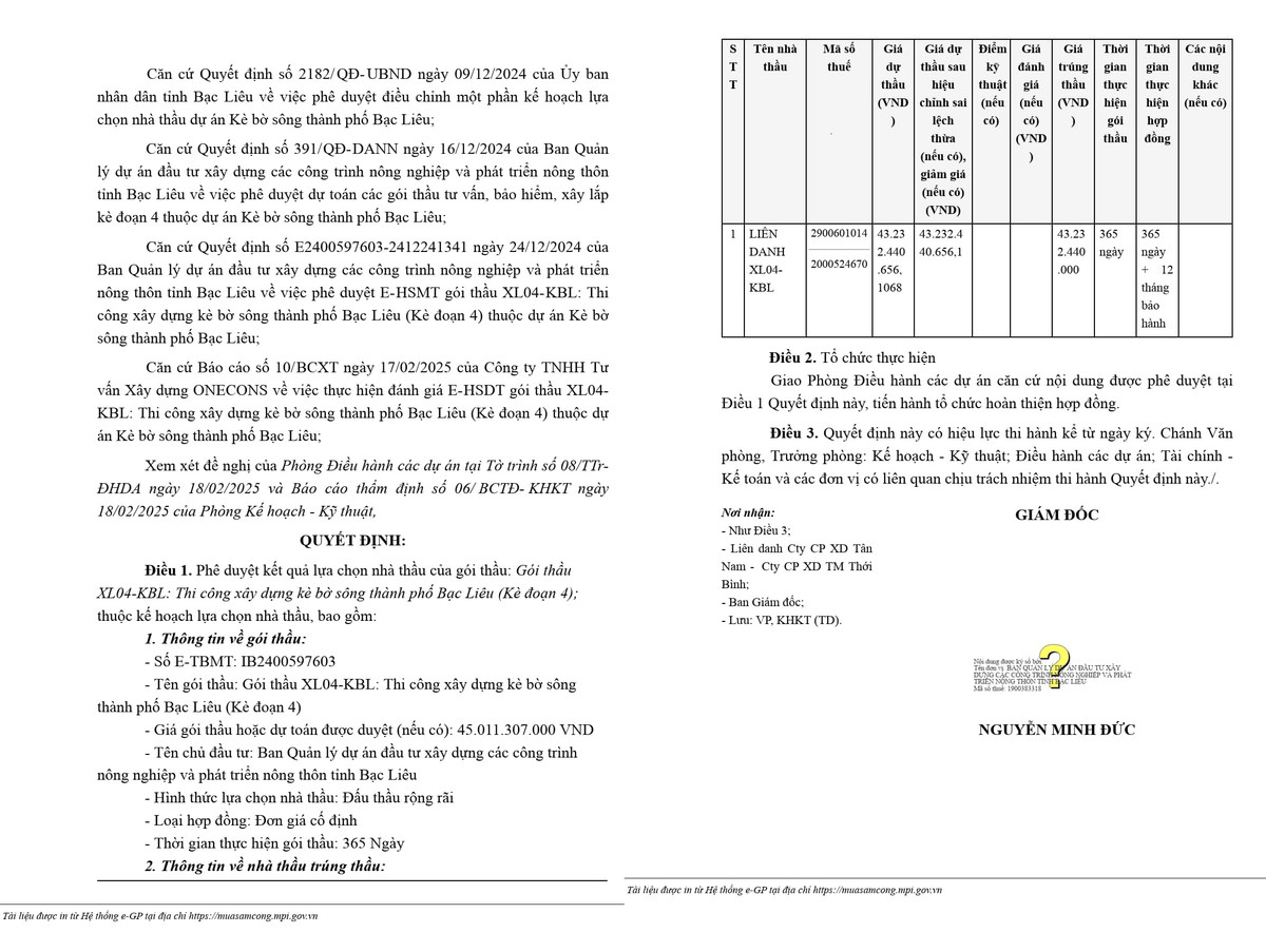 Bạc Liêu: Đã tìm được nhà thầu thi công gói thầu kè bờ sông Bac Lieu: Da tim duoc nha thau thi cong goi thau ke bo song