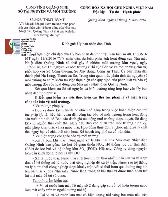 Báo cáo của Sở TNMT Quảng Ninh về vụ việc trên.