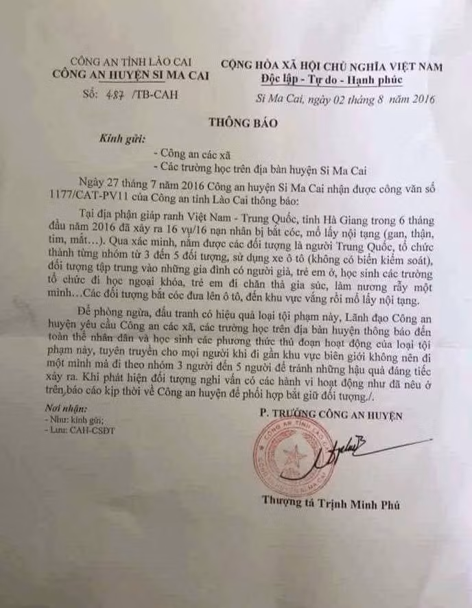 Văn bản của Công an huyện Si Ma Cai (Lào Cai).