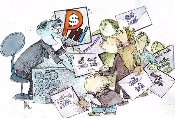 Nạn lạm thu ở trường học gây nhức nhối nhiều năm qua, gây bức xúc cho toàn xã hội. Tranh biếm họa.