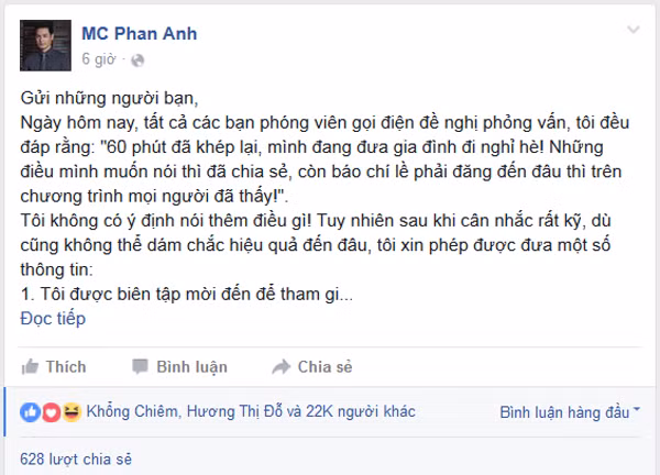 MC Phan Anh chính thức lên tiếng trên Facebook cá nhân về vụ việc bị VTV "đấu tố". Ảnh chụp màn hình.