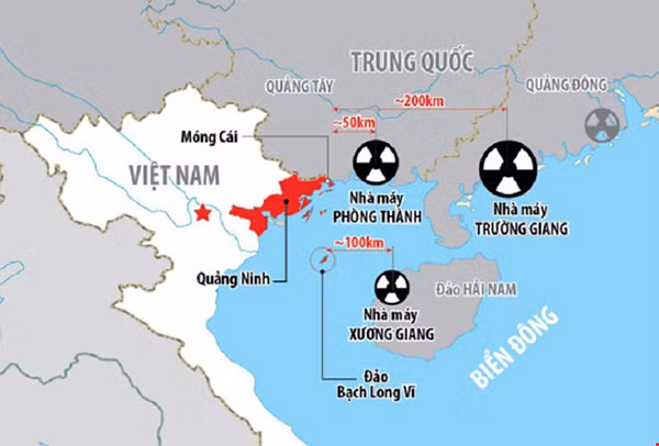 Vị trí ba nhà máy điện hạt nhân của Trung Quốc gần biên giới Việt Nam. Ảnh: TTO.