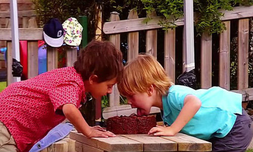 Hành động liếm kem trên bàn đáng yêu của hai bé.