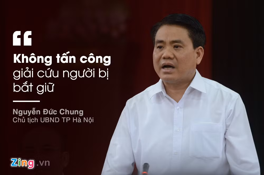 Làm việc với lãnh đạo chủ chốt xã Đồng Tâm tối 20/4, ông Nguyễn Đức Chung cam kết sẽ không có cuộc tấn công giải cứu những người bị bắt giữ tại thôn Hoành, xã Đồng Tâm, huyện Mỹ Đức, Hà Nội.