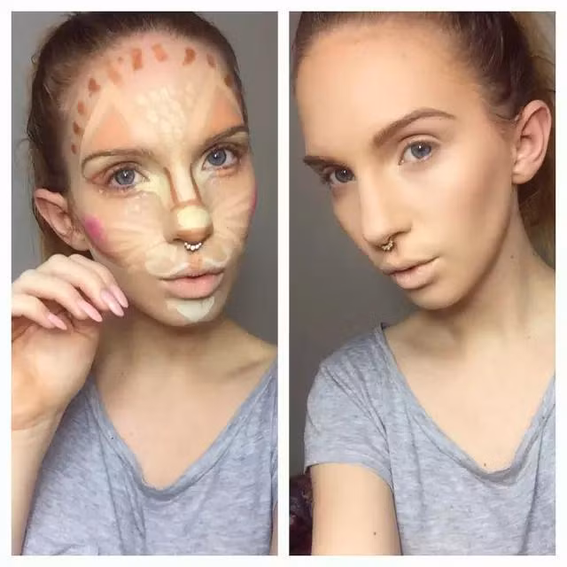 Và sau khi tán đều các khối này, khuôn mặt của cô được tạo dáng rất hoàn hảo, chuyên nghiệp.