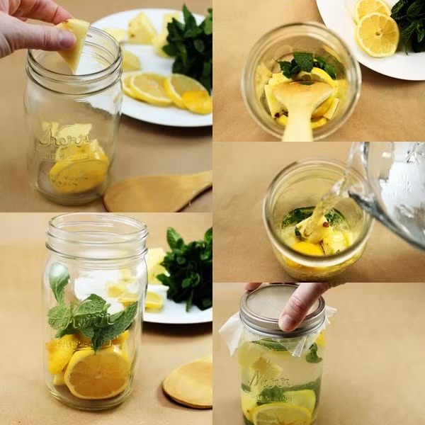 Nguyên liệu: 50g dứa, 1 trái chanh vàng, 20g lá bạc hà, 700ml nước. Cách làm: vắt lấy nước cốt chanh rồi bạn thái dứa thành những miếng nhỏ. Sau đó, bạn cho dứa, vài lát chanh cùng lá bạc hà vào lọ, dùng thìa dầm đều. Tiếp theo, bạn cho nước cốt chanh, nước vào lọ rồi khuấy đều. Cuối cùng bạn đậy nắp lọ và để nước vào tủ lạnh qua đêm.