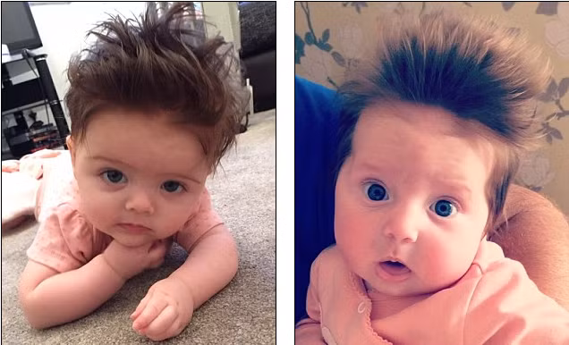Kiểu tóc lúc 3 tháng tuổi (trái) và 2 tuần tuổi trông chẳng khác nhau là mấy.