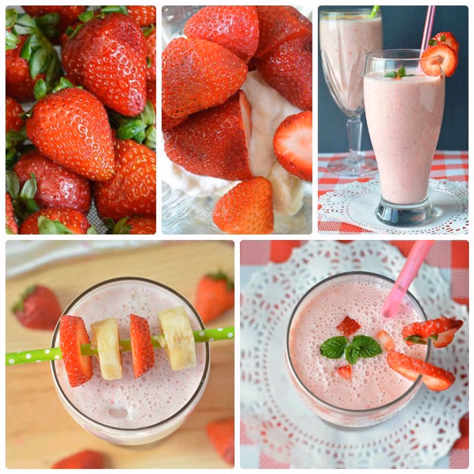 Sinh tố chuối dâu: Với hai nguyên liệu chính là chuối và dâu, bạn có thể làm nên món sinh tố nhiều vitamin và khoáng chất bằng cách cho vào máy xay sinh tố say cùng 150ml sữa tươi và 1/2 hộp sữa chua.