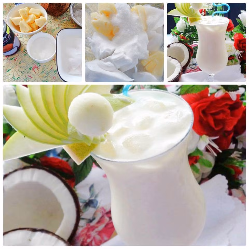 Sinh tố dừa tươi: Dừa dùng để làm sinh tố phải là dừa non. Bạn chỉ cần cho 1/2 chén cùi dừa non, 100ml nước dừa tươi, 150ml nước cốt dừa, 1/3 quả dứa, 80g đường và một muỗng cà phê nước cốt chanh bỏ vào cối rồi xay đều là đã hoàn thành món này. 