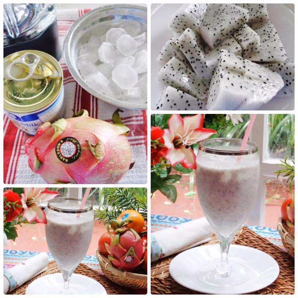 Sinh tố thanh long: Để làm món sinh tố này, bạn cho thanh long cắt miếng vào xay nhuyễn cùng 2 muỗng sữa đặc và ít đá bào là được. 