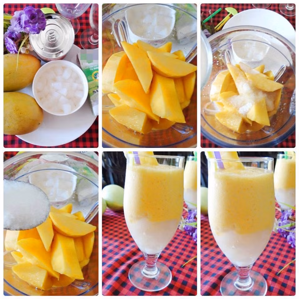 Sinh tố xoài thạch dừa: Nguyên liệu của món sinh tố này bao gồm xoài, thạch dừa, sữa đặc, sữa tươi, đường và mật ong. Mật ong có tác dụng làm dậy mùi xoài thơm hơn rất nhiều. Bạn có thể không cho đá vào xay cùng mà để đá ở dưới đáy ly, sau đó đổ sinh tố xoài lên trên trông sẽ đẹp mắt hơn. 