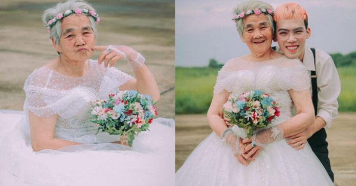 Vào vai "cô dâu 88 tuổi", người bà này đã có những shoot hình tạo dáng cực đáng yêu bên cạnh cháu trai của mình.