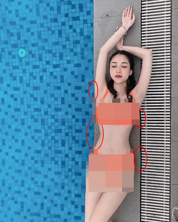 "Soi" bức ảnh diện bikini tạo dáng bên hồ bơi, dễ dàng nhận thấy hot girl Anh Thư đã bóp thân hình của mình đến méo cả gạch để thon gọn hơn.