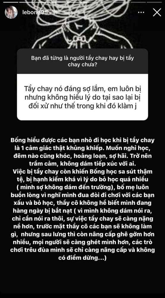 Việc đến trường bị bắt nạt khiến Lê Bống rơi vào tình trạng khủng hoảng tinh thần trầm trọng. Để khắc phục, hot Tiktoker sau đó đã chọn cách phản kháng tiêu cực và trở thành một kẻ đi bắt nạt lại người khác.