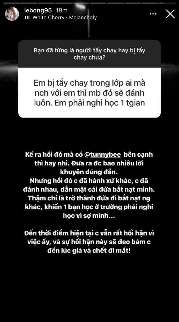 Những chia sẻ về quá khứ đi học của Lê Bống đã gây chú ý, bởi lẽ không ai có thể ngờ rằng một cô nàng cá tính như Lê Bống lại từng bị bắt nạt như vậy.