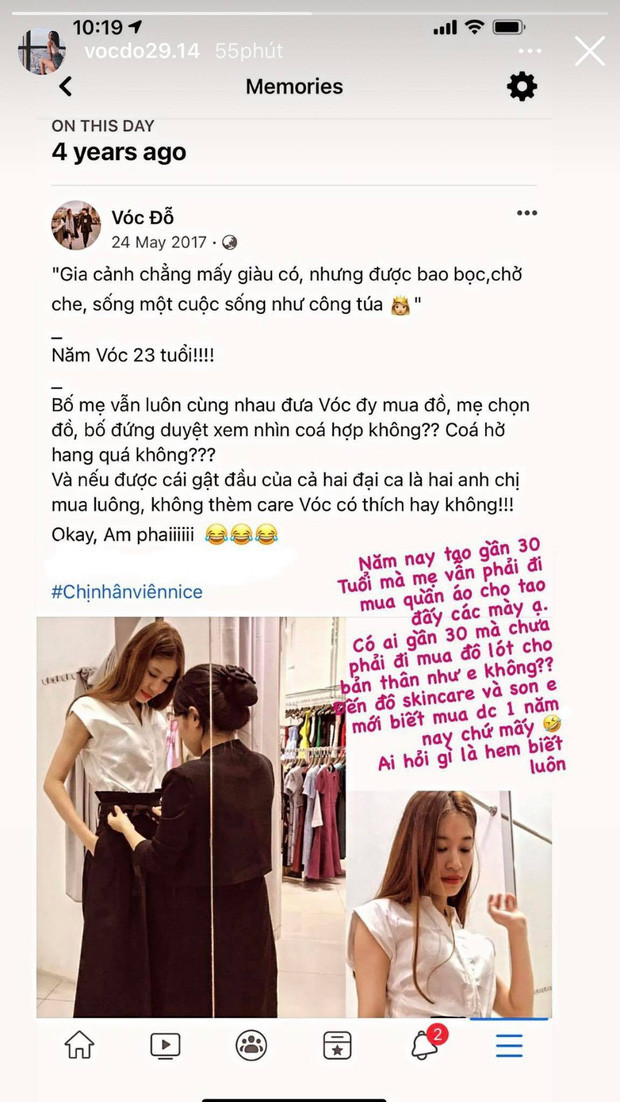 Trên story gợi nhắc lại quá khứ, gái xinh Vóc Đỗ kể chuyện bố mẹ dẫn đi mua quần áo 4 năm trước. Bên cạnh đó, nàng WAG cũng chia sẻ thêm dù ở hiện tại đã 30 tuổi và đã lấy chồng nhưng vẫn được mẹ đi mua quần áo cho.