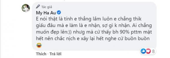 Trước những nghi ngờ trên, nữ giảng viên đã lên tiếng phủ nhận: 'Em nói thật là tính em thẳng lắm luôn, em chẳng thích giấu đâu mà em làm là em nhận, sợ gì không nhận. Ai chẳng muốn đẹp lên, nhưng mà cứ thấy bây giờ 90% phẫu thuật thẩm mỹ mặt hết nên chắc nịch, em xây lại hết nghe cứ buồn buồn''.