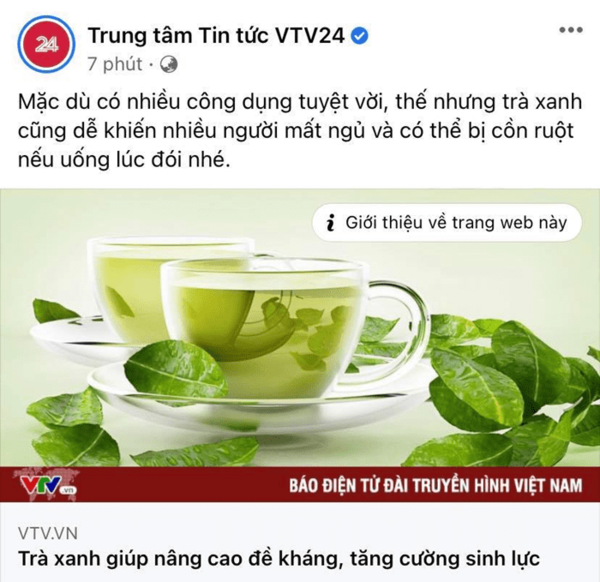 Trước đó, khi mọi người vẫn đang bàn tán xôn xao về drama "trà xanh" thì phía nhà đài VTV cũng có một post về công dụng của trà xanh - loại thức uống phổ biến, giữa tâm điểm của scandal.