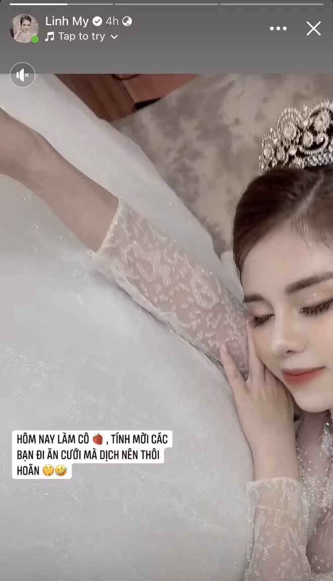 Đính kèm hình ảnh, Mỹ Linh cũng chia sẻ story với nội dung: "Hôm nay làm cô dâu, tính mời các bạn đi ăn cưới mà dịch nên thôi".